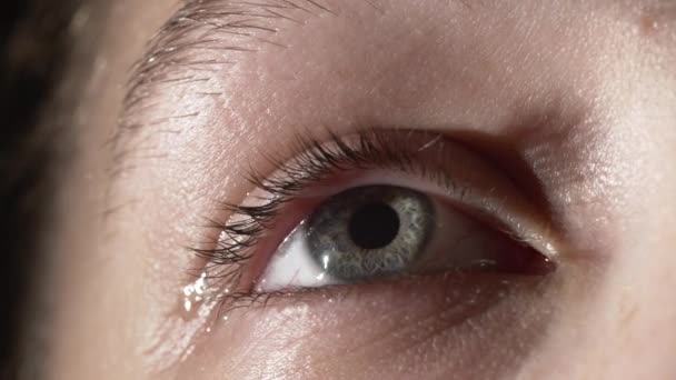 Primo piano filmato di ragazza con lacrime agli occhi grigi — Video Stock