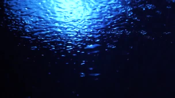 Πλάνα σταγόνων νερού σε σκούρο μπλε γυαλί — Αρχείο Βίντεο