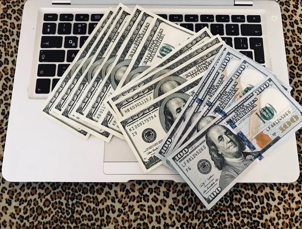 Easy money. Image of money on laptop, freelance.