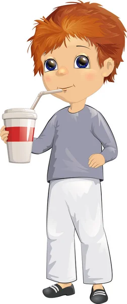 Cute little boy drinks a drink from a glass through a straw — Stock Vector