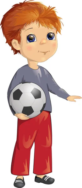 小さな男の子は彼の手の中にサッカーボールを保持します — ストックベクタ