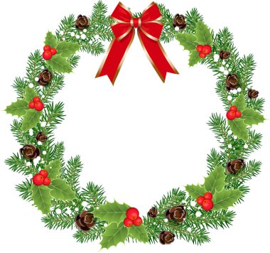 Noel ve yeni yıl çelengi kutsal ve ladin ağacı ve çobanpüskülü