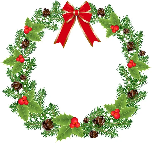 Christmas and New Year wreath of holly and spruce tree and holly — Stock Vector