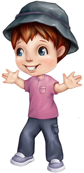 一个戴着一顶蓝色大眼睛的帽子 戴着一顶蓝色帽子的有趣而快乐的小男孩 卡通风格 — 图库照片