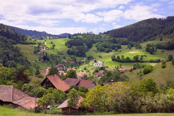 Beautiful View Green Hills Idyllic Rural Scene Blue Sky Mountains — Stock Photo, Image