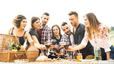 Genç arkadaşlar eğlenmeye açık havada barbekü - mutlu insanlar çiftlik evi üzüm bağı Şarapçılık hasat zamanında sağlıklı yemek yeme - gençlik dostluk kavramı üzerinde sıcak vintage filtre, kırmızı şarap içme