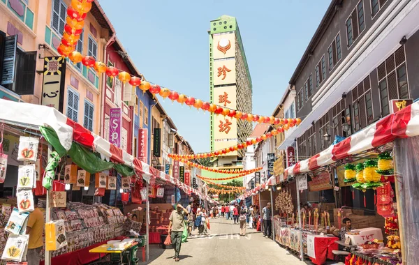 Singapur Febrero 2015 Tiendas Multicolores Temple Street Cerca South Bridge — Foto de Stock