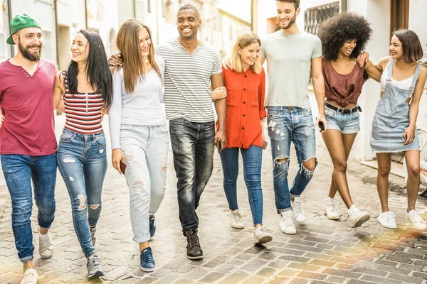 Multiracial Millennial Friends Walking Talking City Center Happy Guys Girls — Stock Photo, Image