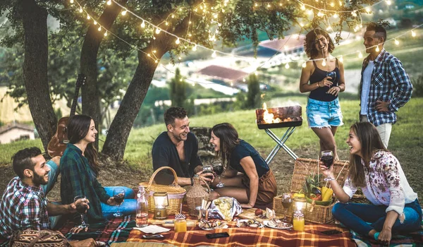 Счастливые Друзья Веселящиеся Винограднике После Заката Молодые Люди Пикнике Открытым — стоковое фото