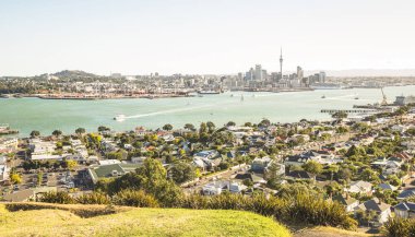 Nefes kesen manzarası Körfezi'nin Auckland şehir manzarası ve bay Mount Victoria Devonport alan - Yeni Zelanda Dünya ünlü şehrin yüksek açı görme - parlak yeşilimsi vintage filtresi