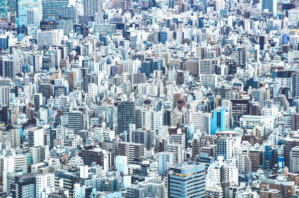 Zoom detail close up of Tokyo city skyline from above at blue hour - Japanese world famous capital with spectacular urban landscape panorama - Concrete cement jungle concept on azure filter