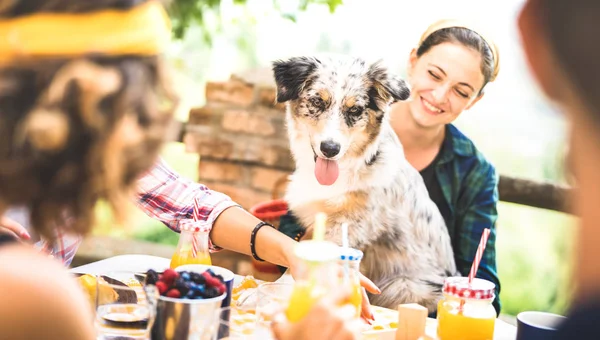 Happy Friends Having Healthy Pic Nic Breakfast Countryside Farm House — Photo