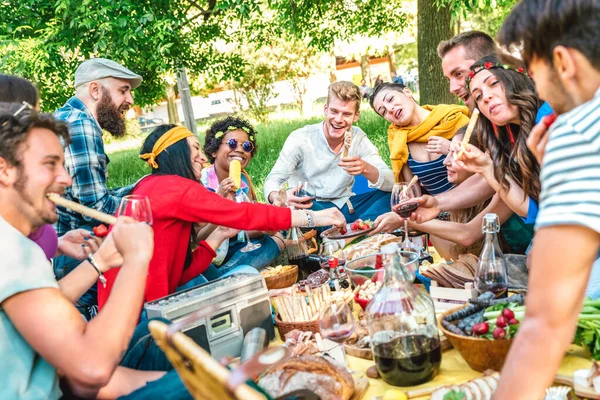 Amigos Felizes Divertindo Livre Comendo Lanche Bebendo Vinho Tinto Piquenique — Fotografia de Stock