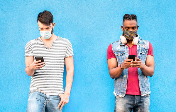 Multiracial Male Friends Face Masks Using Tracking App Mobile Smart Stock Picture