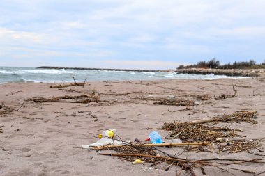 Çevre sorunu. Ekoloji kavramı. Sahilde plastik. Sahilde dökülen çöp