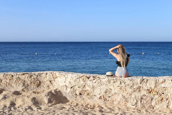 Όμορφη αρκετά Hot σέξι ελκυστικό κορίτσι χαλαρωτικό σε μαγιό σε πέτρες με γαλάζια θάλασσα και τον ουρανό στο παρασκήνιο. Η ιδέα των καλοκαιρινών διακοπών. Πίσω όψη. — Φωτογραφία Αρχείου