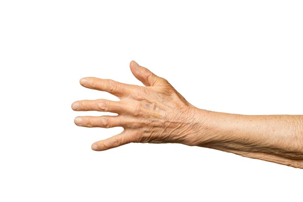 Alte ältere Frauen Hand isoliert auf weißem Hintergrund. — Stockfoto