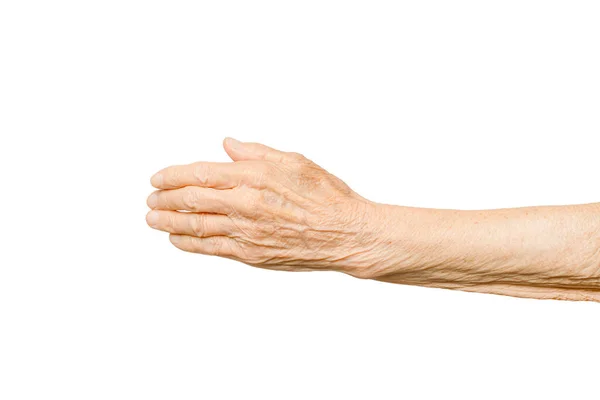 Alte Dame Arm. Hand älterer Frauen auf weißem Hintergrund — Stockfoto