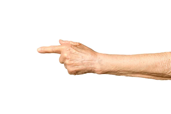 Alte Dame Arm auf weißem Hintergrund. Hand einer älteren Frau zeigt Richtung an — Stockfoto