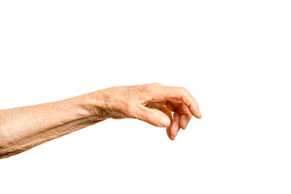 Alte Dame Arm. Hand älterer Frauen auf weißem Hintergrund — Stockfoto