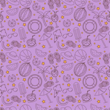 Plaj elemanları ile Dikişsiz yaz vektör desen - kokteyller, güneş gözlüğü, karpuz, dondurma