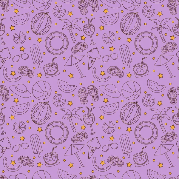 Plaj elemanları ile Dikişsiz yaz vektör desen - kokteyller, güneş gözlüğü, karpuz, dondurma