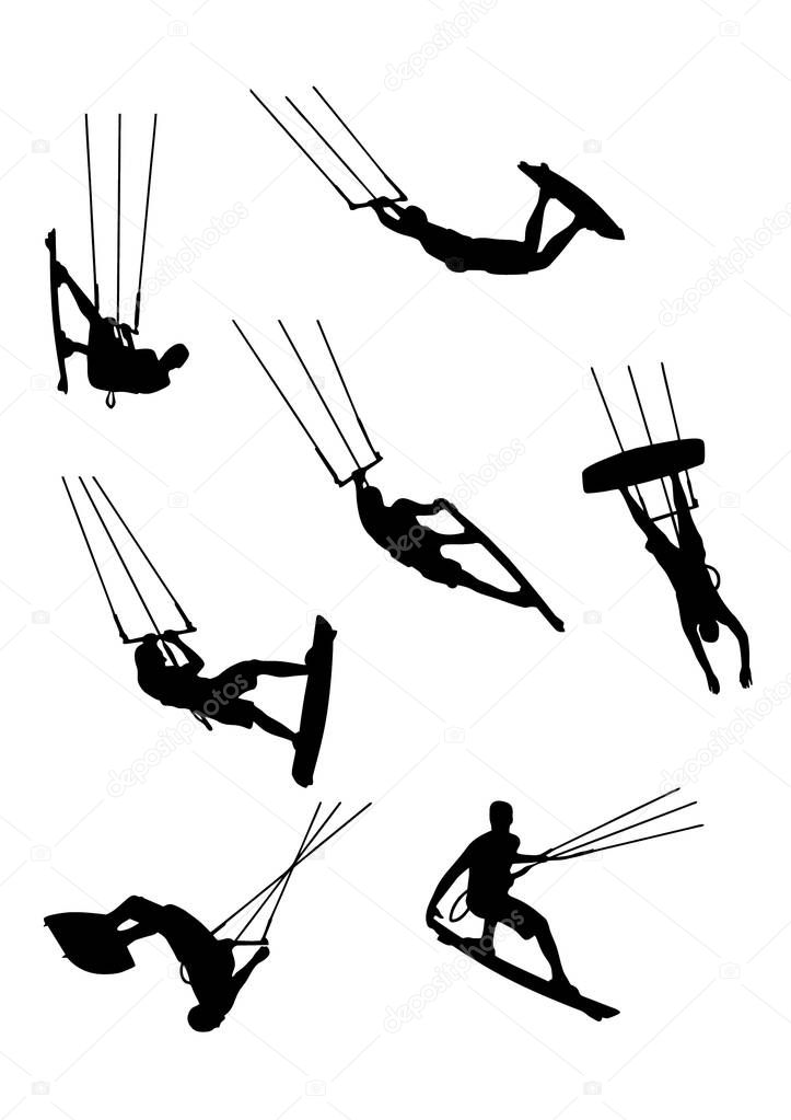 silhouettes of kitesurfers, kiteboarding, watersports