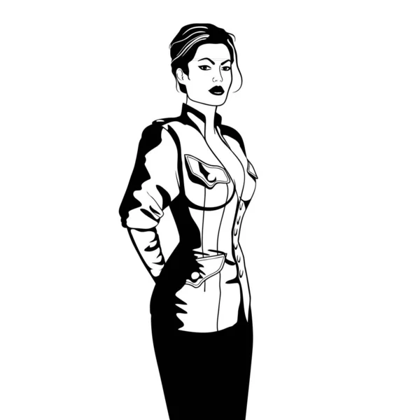 Femme d'affaires élégante veste de style militaire isolé noir et blanc illustration vectorielle de croquis. Professeur strict en suite — Image vectorielle