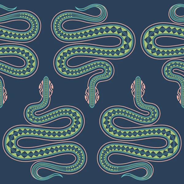 Patrón exótico sin costuras azul con estilo de tatuaje maorí de serpientes. Fondo de los animales. Ilustración de arte silvestre. Se puede imprimir en camisetas, bolsos, telas, carteles, invitaciones, tarjetas, papel, textiles . — Vector de stock