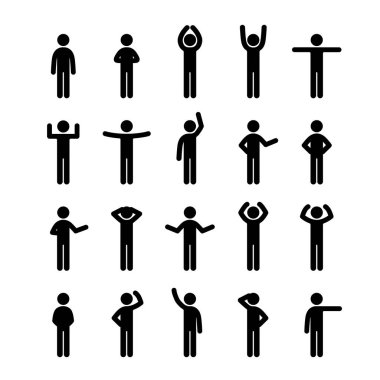 Farklı pozlar sopa rakam insanlar pictogram simge seti. İnsan sembolü işareti. Infographics kişi seti.