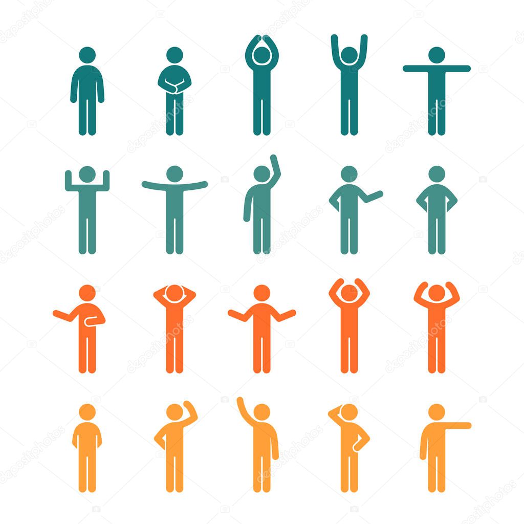 Different poses stick figure people pictogram colored icon set. Human symbol sign. Infographics people set.