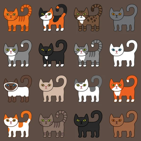 Διάφορες γάτες χωρίς ραφές. Χαριτωμένο και αστείο διάνυσμα γάτα κινούμενα σχέδια εικόνα διαφορετικές φυλές γάτες. Μωρά γατάκια με διαφορετικά χρώματα. Απλό μοντέρνο γεωμετρικό επίπεδο διανυσματικό στυλ. — Διανυσματικό Αρχείο