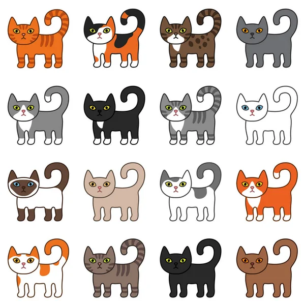 Различные кошки бесшовный рисунок. Симпатичный и забавный мультик кошка векторная иллюстрация различных пород кошек. Котята разных цветов. Простая геометрическая плоская векторная иллюстрация . — стоковый вектор