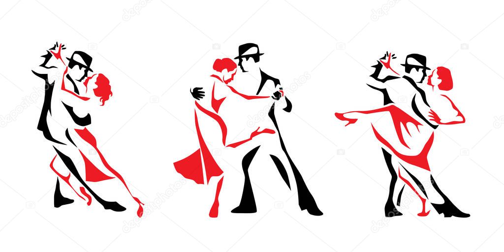 Tango dancing logo set. Couple man and woman vector illustration, logo, icon for dansing school, party, event