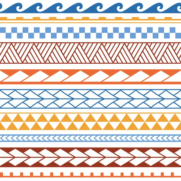 Maori tarzında vektör etnik Dikişsiz desen. Dekoratif etnik unsurlarla geometrik kenarlık. Mavi ve turuncu desen. Ev dekorasyonu için tasarım, kağıt sarma, kumaş, halı, tekstil, kapak — Stok Vektör
