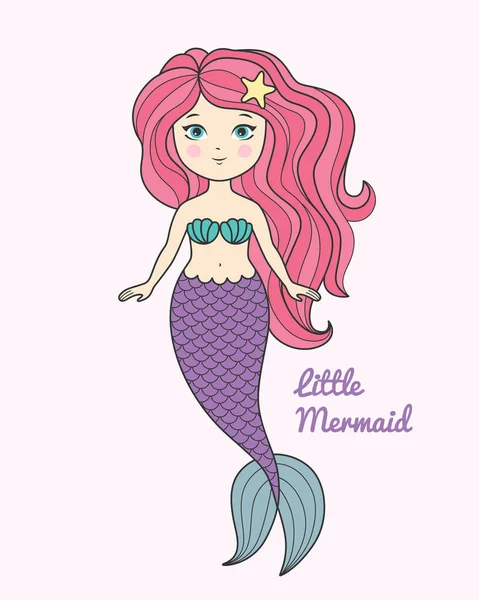 Cute little mermaid with pink hair cartoon style vector illustration — Stock Vector