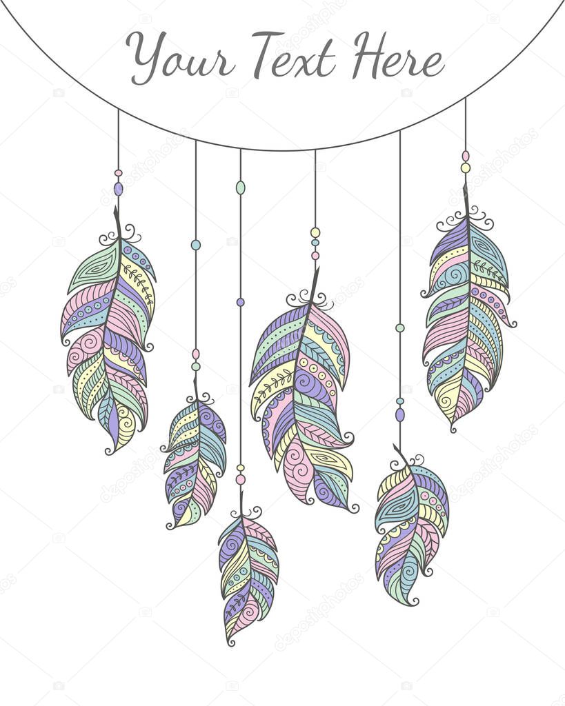 Card with ethnic bird feathers in boho style. Boho collection pastel colors vector hand drawn, tribal gipsy concept. Doodles illustration. 
