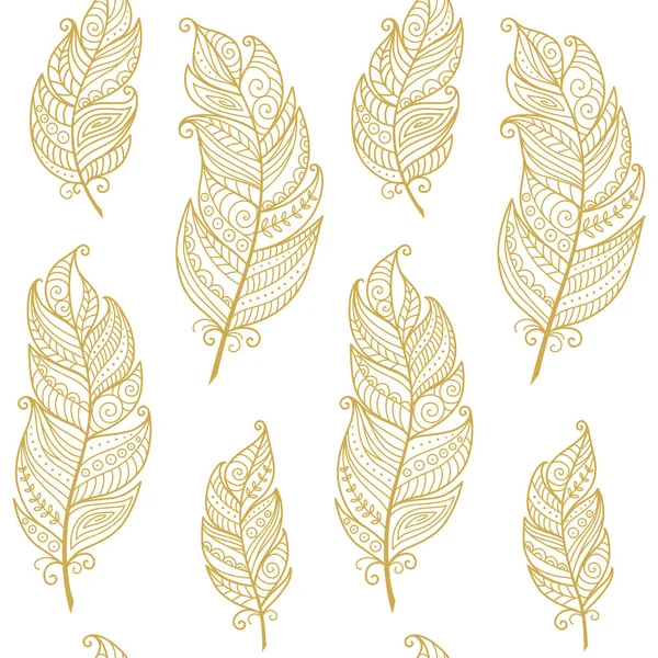 Gold on white boho style seamless pattern with ethnic bird feathers. Vector hand drawn, tribal gipsy concept. Doodles illustration. — Stock Vector