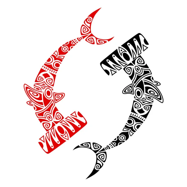 Stile Hammerhead Shark Maori. Disegno del tatuaggio. Yin Yang nero e rosso . — Vettoriale Stock