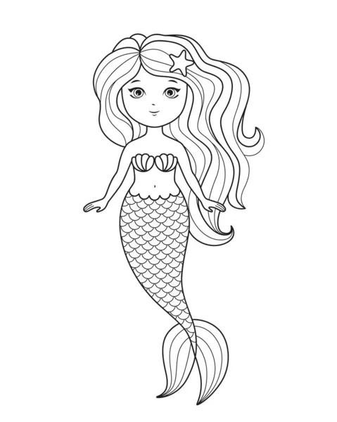 Pequeña linda sirena para colorear página. Libro para colorear para niños vector ilustración . — Vector de stock