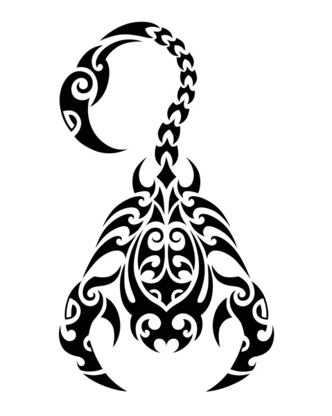 Scorpione. Tatuaggio maori stile tribale. Oroscopo. Segno zodiacale astrologico. Silhouette isolata su sfondo bianco . — Vettoriale Stock