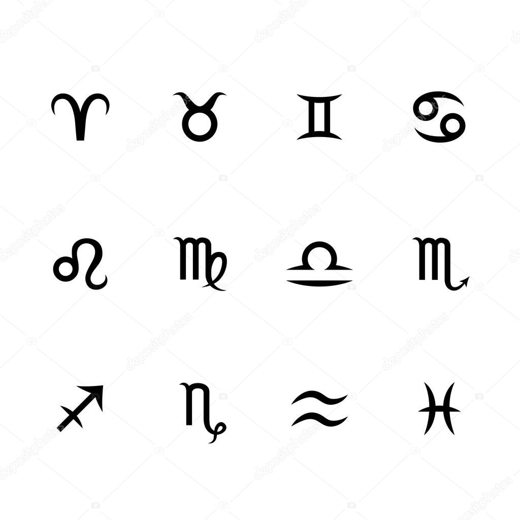 Set of zodiac signs and symbols. Horoscope, astrology icons. Twelve constellations isolated on white background. Vector.