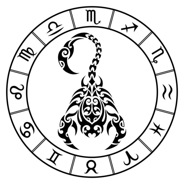 Zodiac σημάδι scorpio και αστερισμούς κύκλο σε στυλ τατουάζ Μαορί. Ασπρόμαυρη διανυσματική απεικόνιση απομονωμένη. — Διανυσματικό Αρχείο
