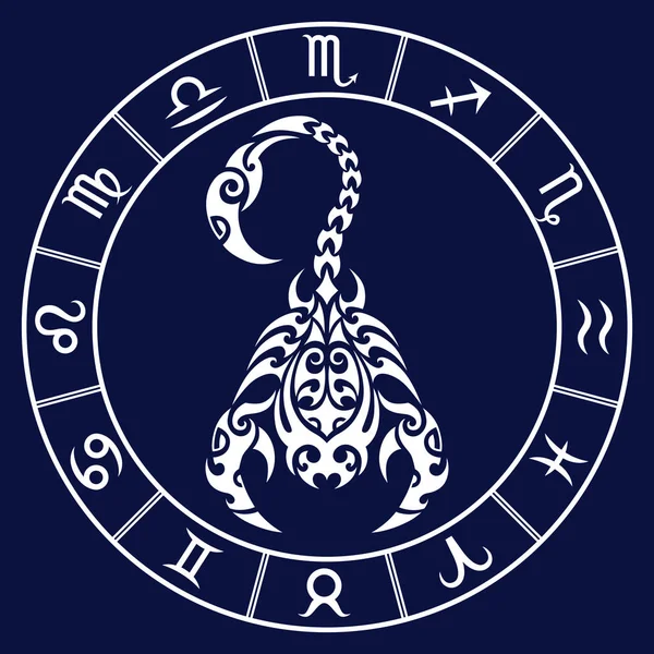 Scorpione segno zodiacale e costellazioni cerchio in stile maori tatuaggio. Bianco su sfondo blu scuro vettoriale illustrazione isolato . — Vettoriale Stock