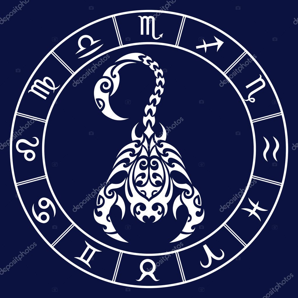 Zodiac sign scorpio and circle constellations in maori tattoo style. White on dark blue background vector illustration isolated.