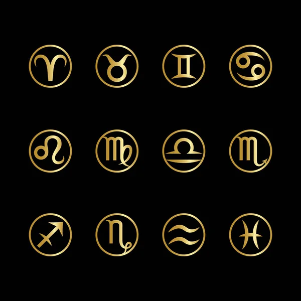 Set of gold metal zodiac signs and symbols on black background. Horoscope, astrology icons. Twelve constellations isolated. Vector. — Stock Vector