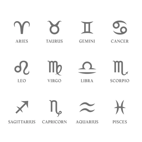 Conjunto de signos e símbolos do zodíaco com nomes. Horóscopo, ícones da astrologia. Doze constelações isoladas sobre fundo branco. Vetor . —  Vetores de Stock