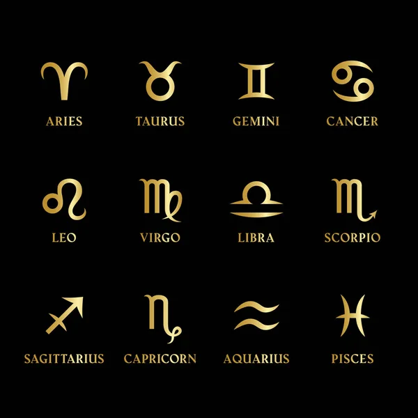 Uppsättning guld metall zodiak tecken och symboler på svart bakgrund. Horoskop, astrologiska ikoner. Tolv konstellationer isolerade. Vektor. — Stock vektor