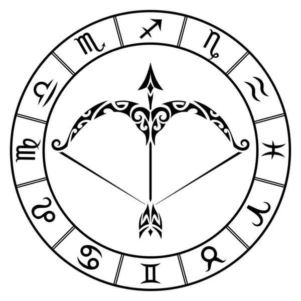 Zodiac jel sagittarius és kör csillagképek maori tetoválás stílusban. Fekete-fehér háttér vektor illusztráció elszigetelt. — Stock Vector