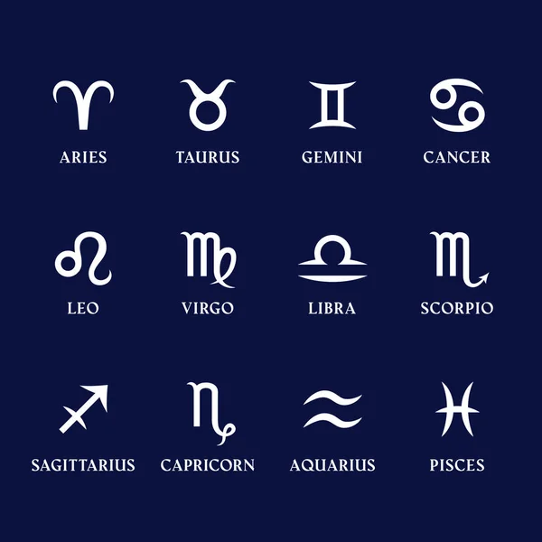 Set di segni zodiacali e simboli su sfondo blu. Oroscopo, icone astrologiche. Dodici costellazioni isolate. Vettore . — Vettoriale Stock